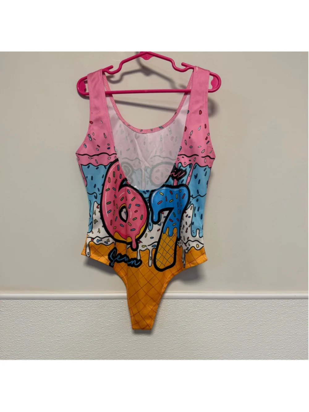 Girls Donut Ice Cream One Piece Swimsuit Size 7-8 Y 67 Pink Blue thin material